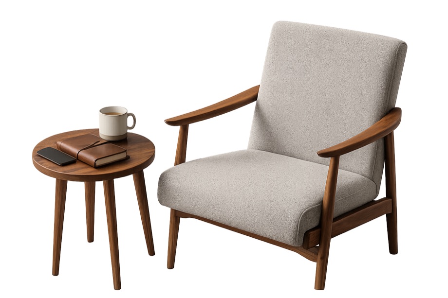 An empty therapy armchair, a side table with a phone turned face down